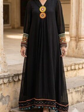 Black Maxi Dress with details colourful embroidery